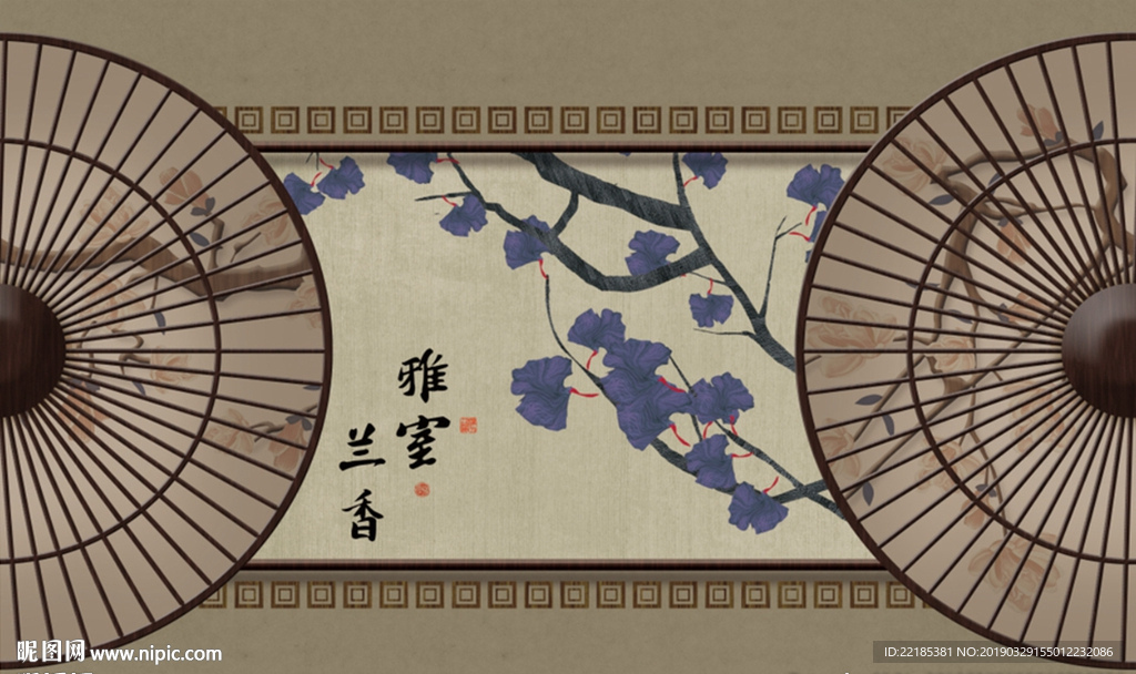 手绘雨伞银杏工笔花鸟古风背景墙