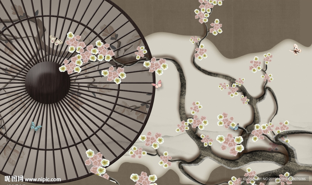 新中式雨伞玉兰花工笔花鸟背景墙