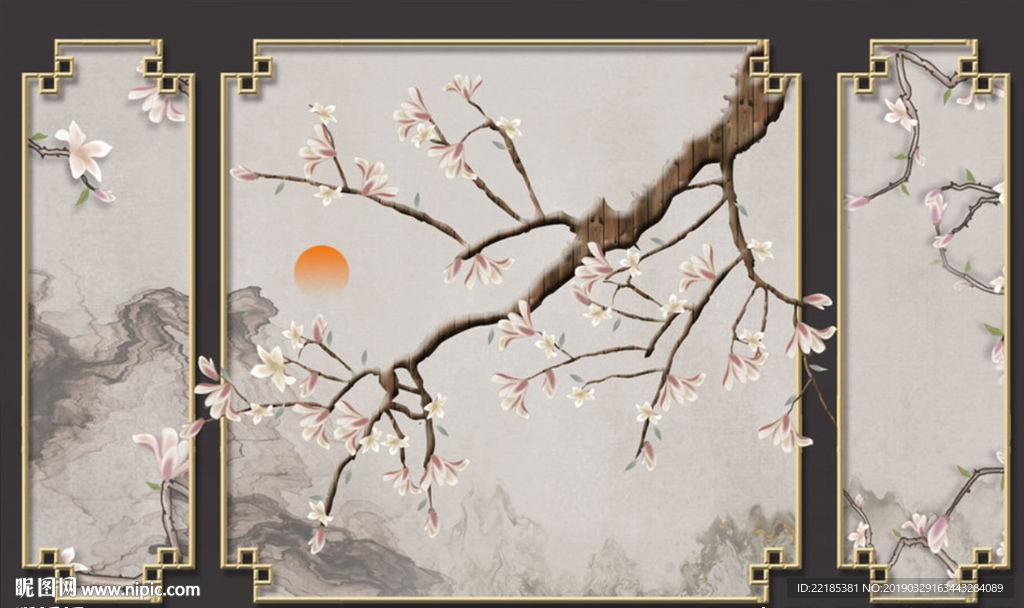 玉兰花鸟沙发电视背景墙