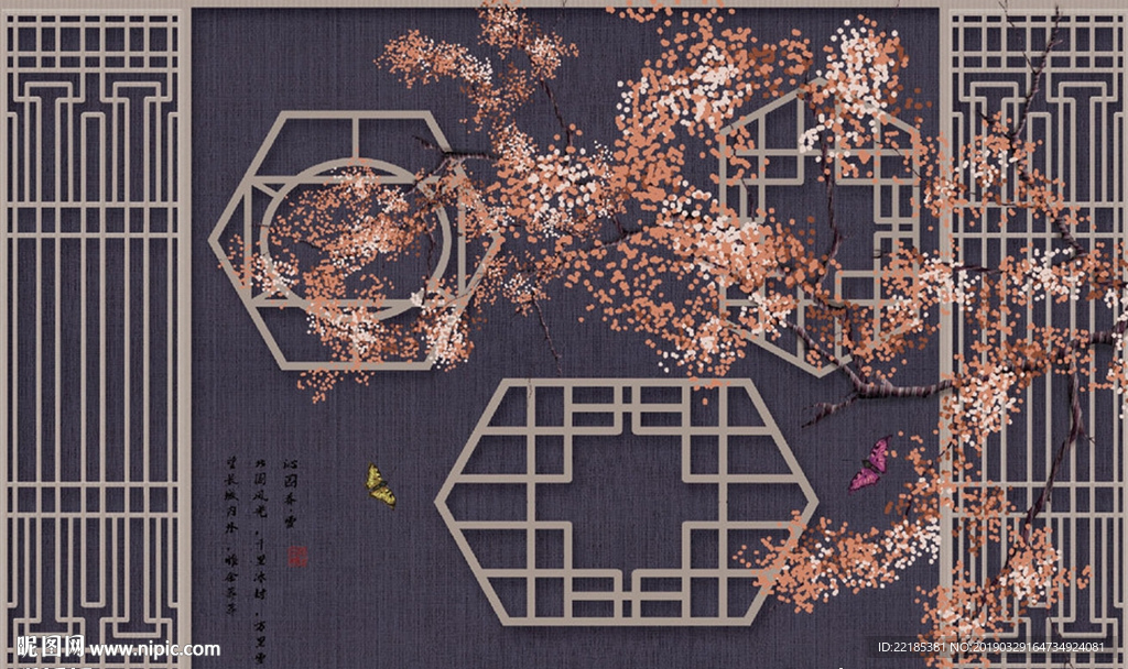 中式工笔手绘花鸟背景墙