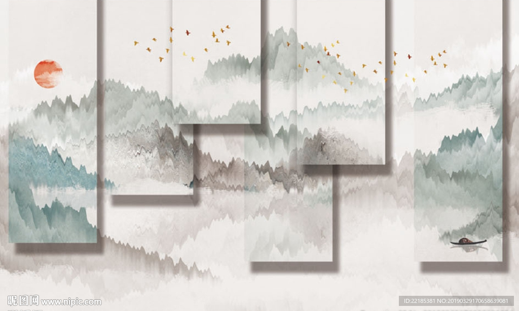 中式水墨山水小船电视背景墙