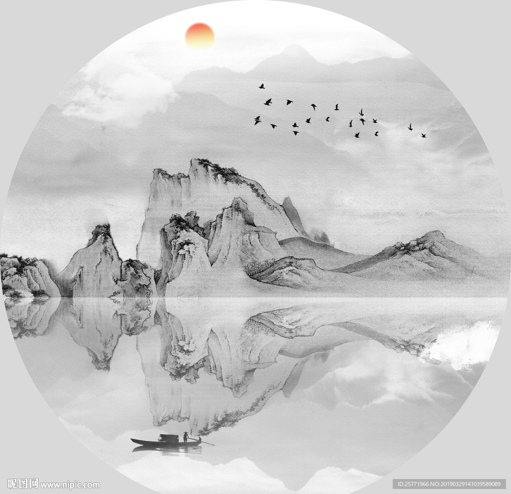 圆形水墨山水画