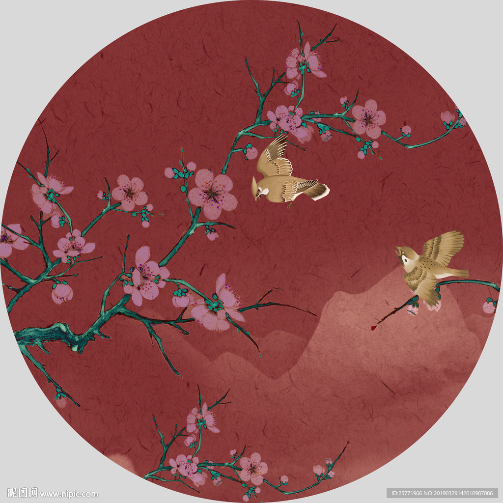 中国红花鸟画 红色花鸟画