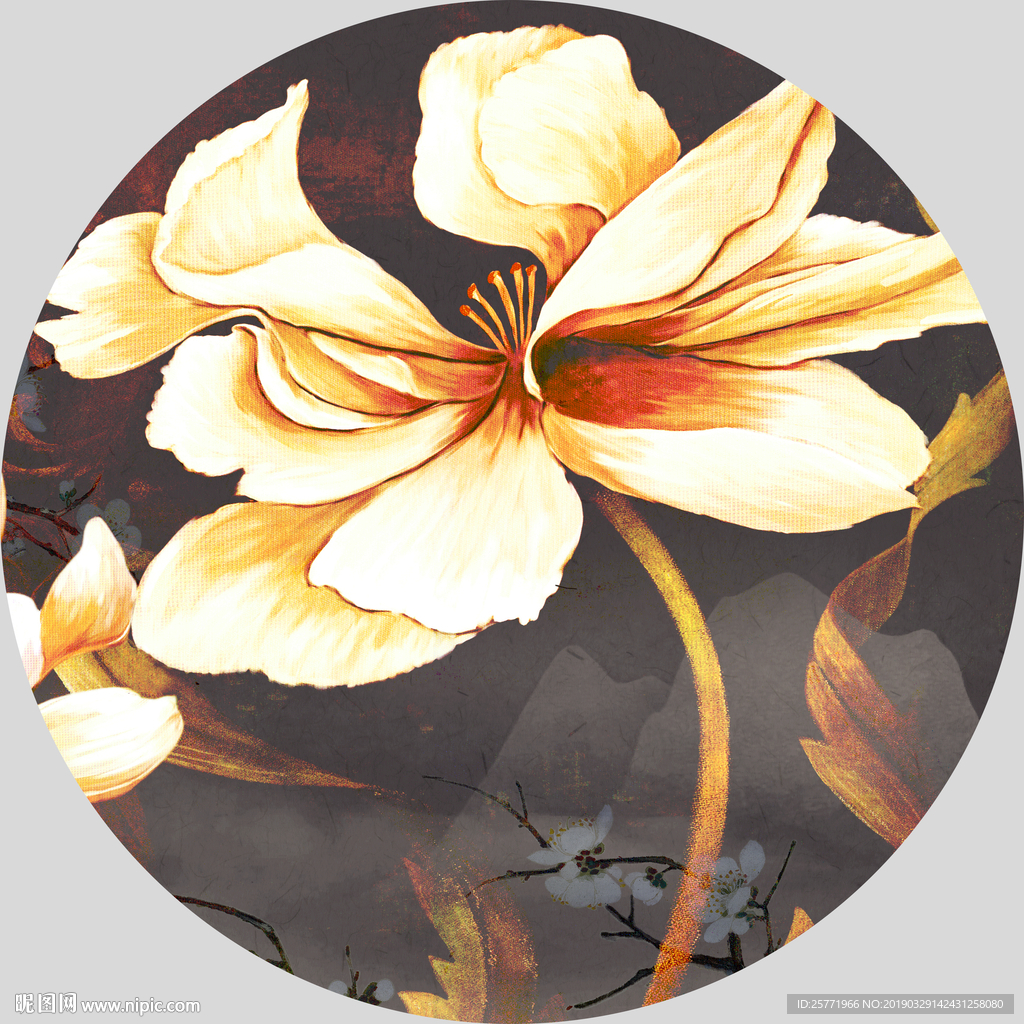 古典花鸟画 圆框荷花图