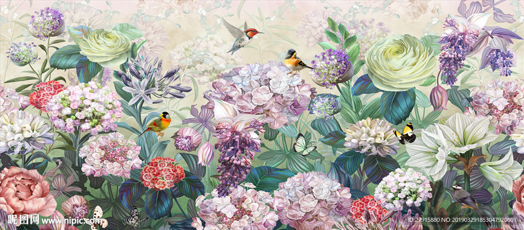 大型抽象唯美花鸟电视背景墙