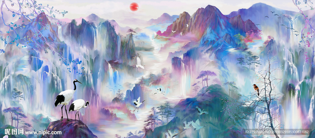抽象新中式山水仙鹤背景墙