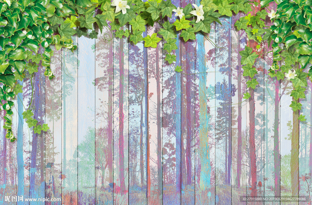 3D彩色木板花藤绿叶背景墙