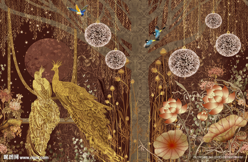 花鸟孔雀凤凰电视背景墙