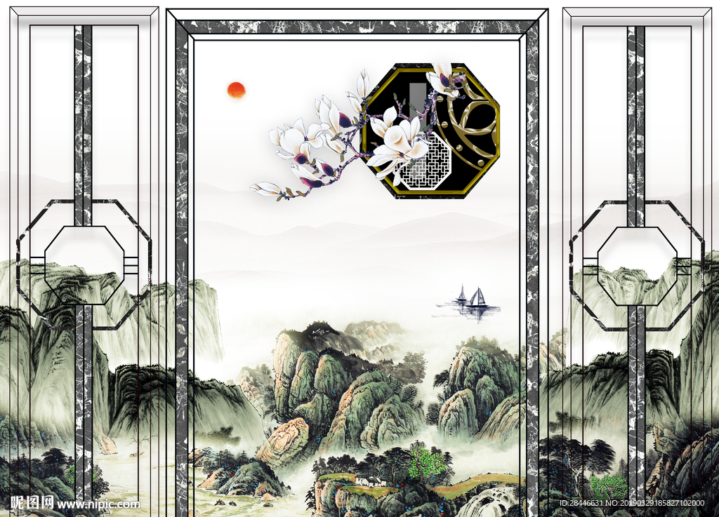 新中式玉兰山水背景墙