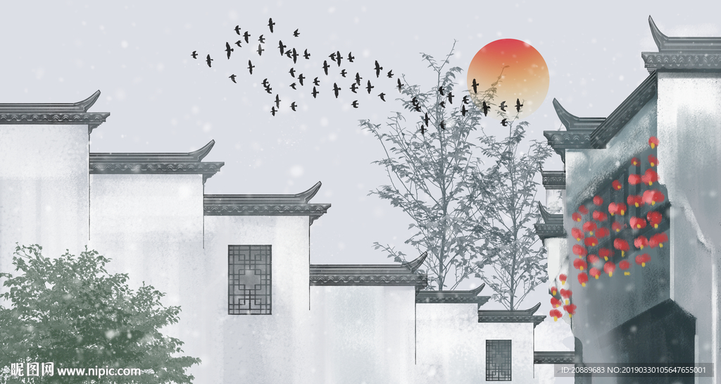 手绘 插画 中国风 复古 园林