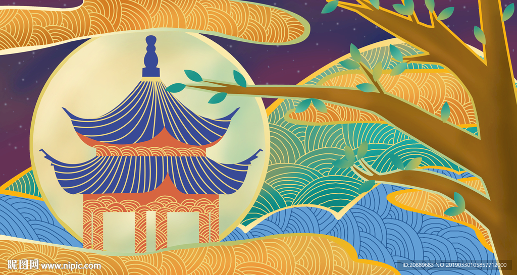 手绘 插画 中国风 复古 园林