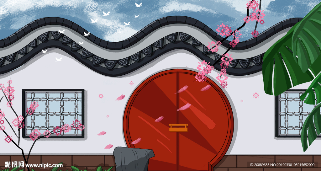 手绘 插画 中国风 复古 园林