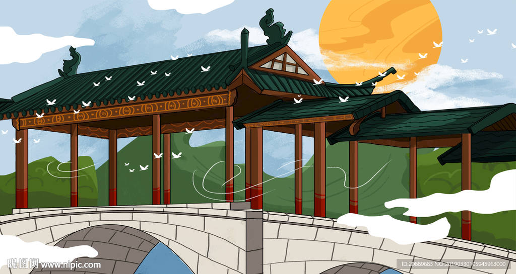 手绘 插画 中国风 复古 园林