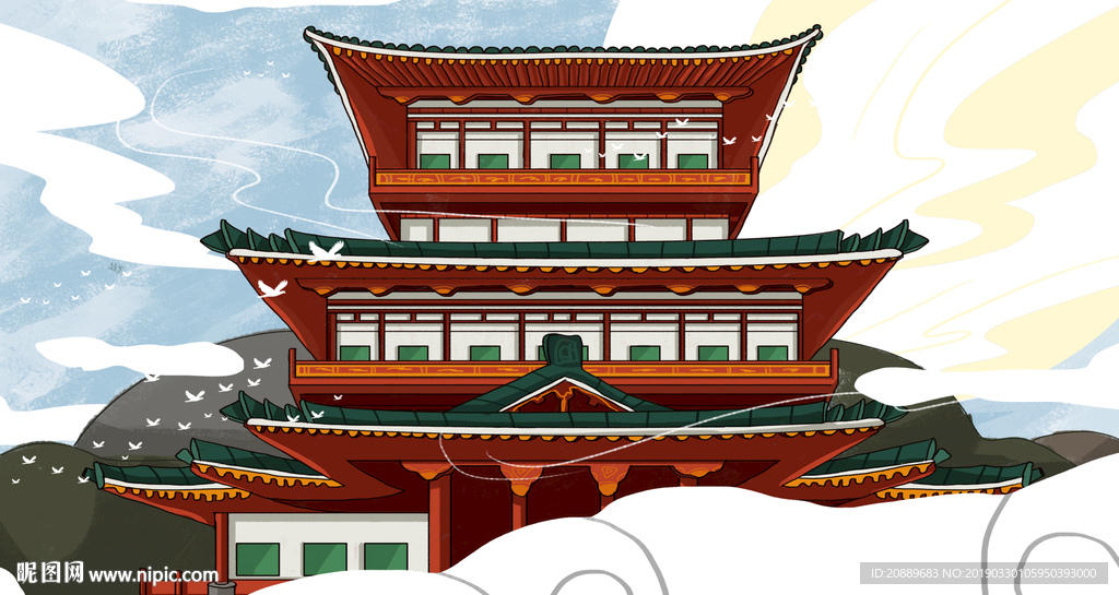 手绘 插画 中国风 复古 园林