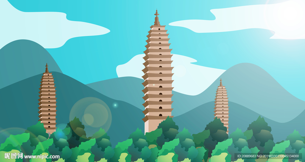 手绘 插画 中国风 复古 园林