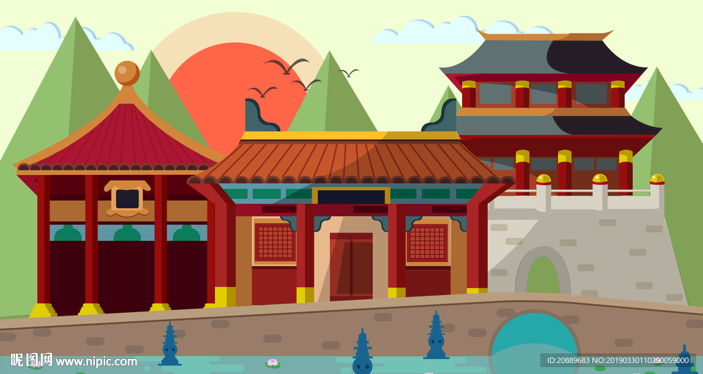手绘 插画 中国风 复古 园林