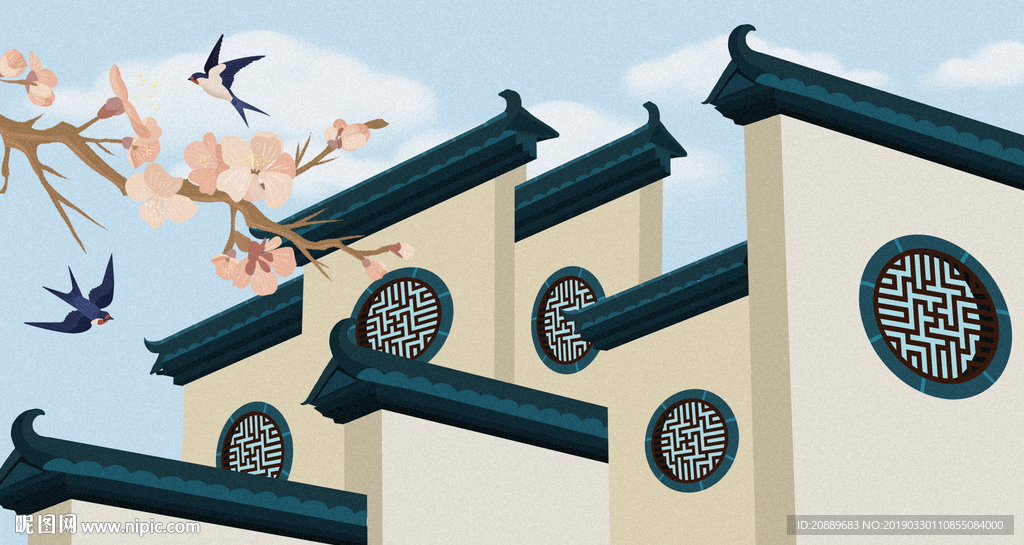 手绘 插画 中国风 复古 园林