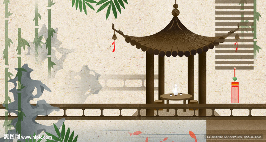 手绘 插画 中国风 复古 园林