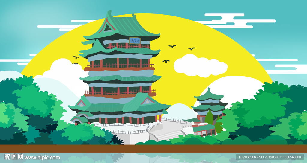 手绘 插画 中国风 复古 园林