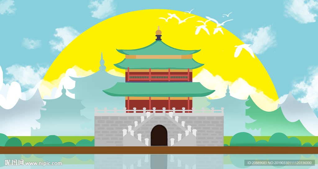 手绘 插画 中国风 复古 园林