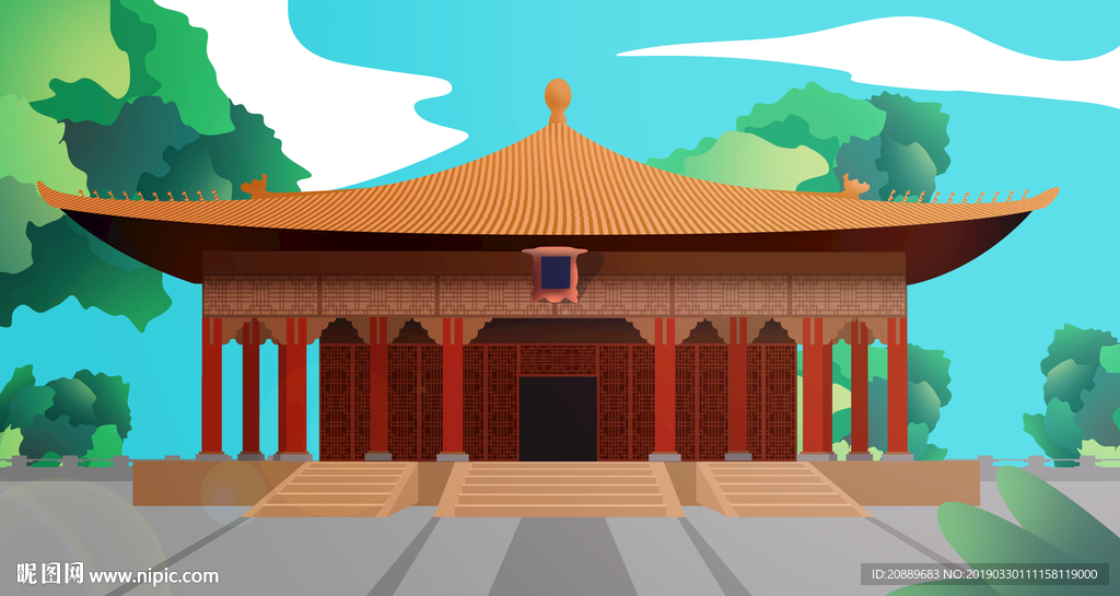 手绘 插画 中国风 复古 园林