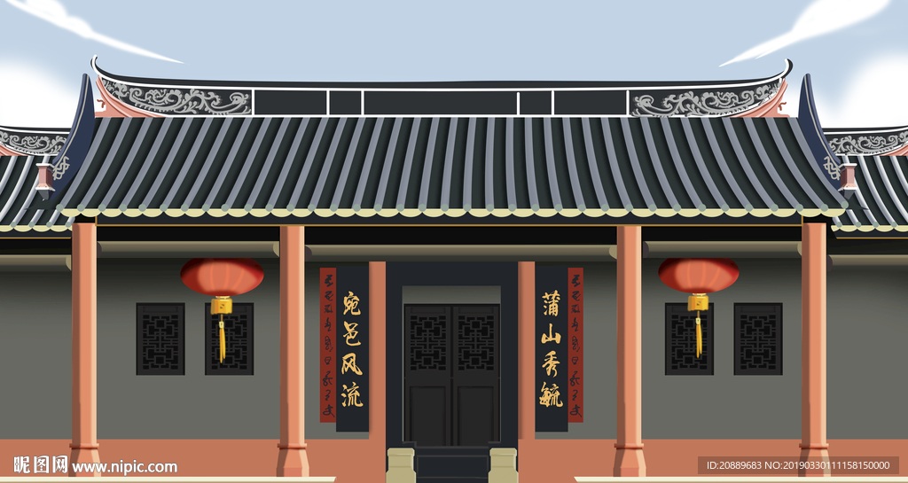 手绘 插画 中国风 复古 园林
