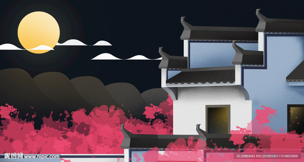手绘 插画 中国风 复古 园林