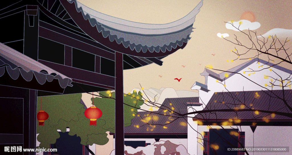 手绘 插画 中国风 复古 园林