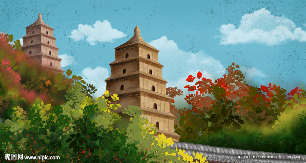 手绘 插画 中国风 复古 园林