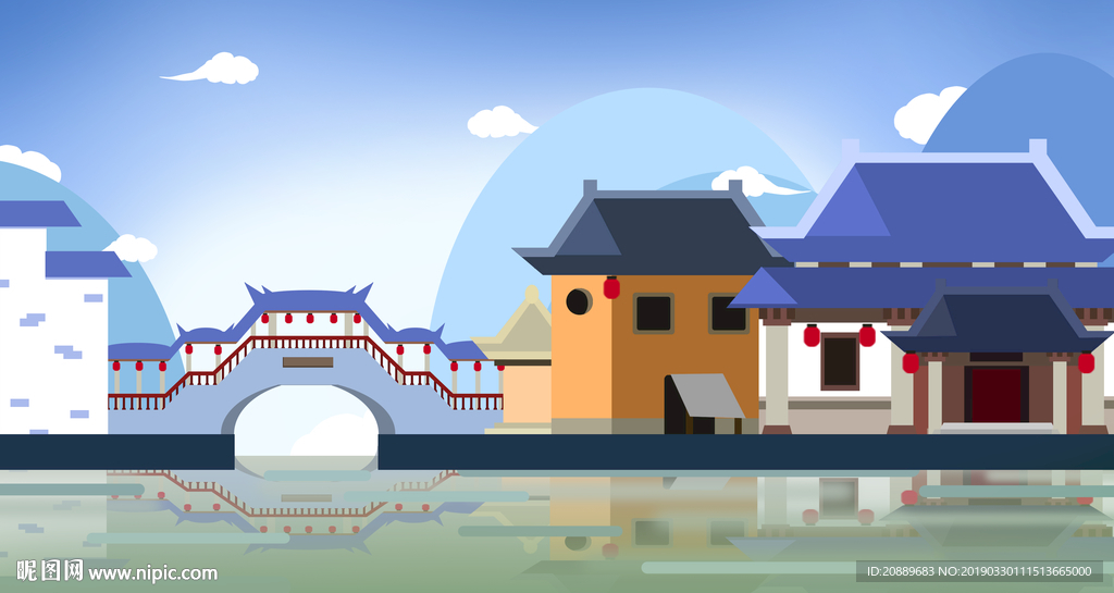手绘 插画 中国风 复古 园林