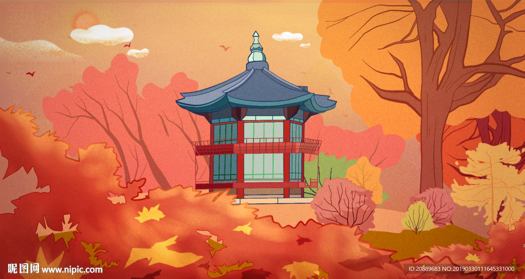 手绘 插画 中国风 复古 园林