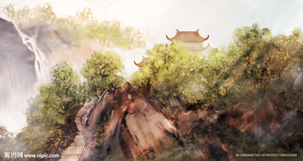 手绘 插画 中国风 复古 园林
