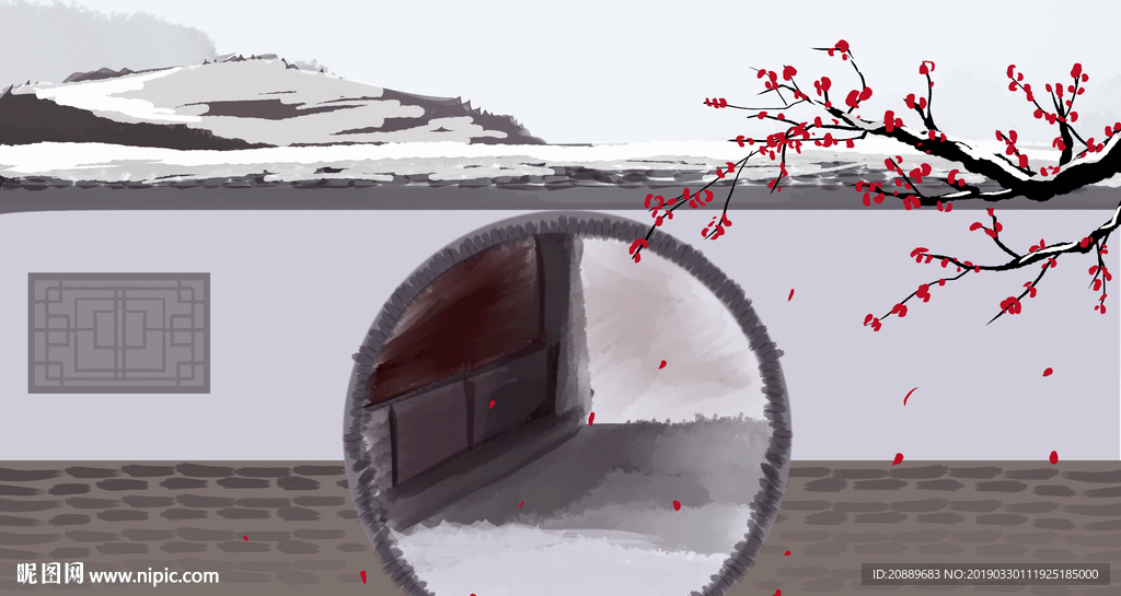 手绘 插画 中国风 复古 园林
