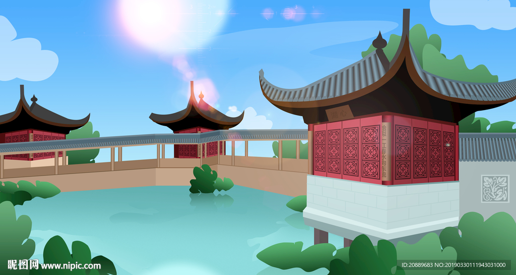 手绘 插画 中国风 复古 园林