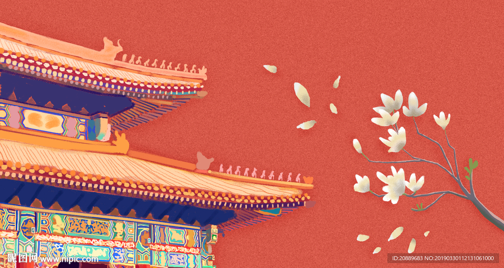 手绘 插画 中国风 复古 园林