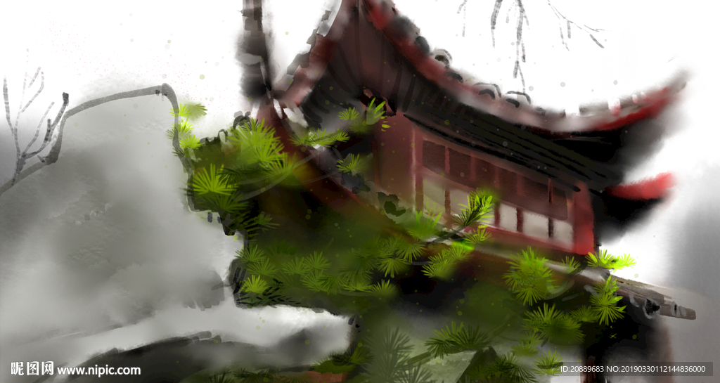 手绘 插画 中国风 复古 园林