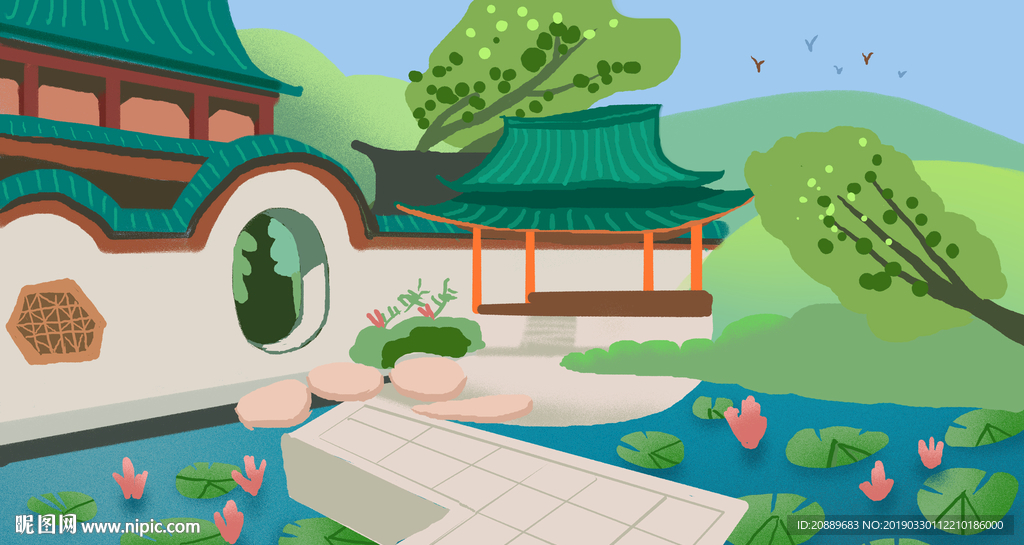 手绘 插画 中国风 复古 园林