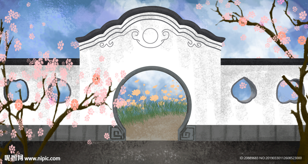 手绘 插画 中国风 复古 园林