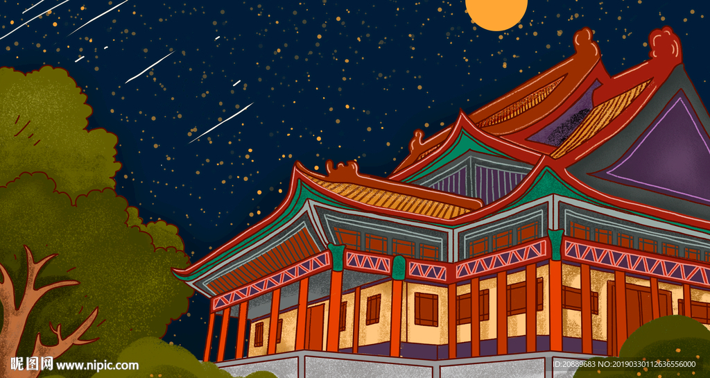 手绘 插画 中国风 复古 园林
