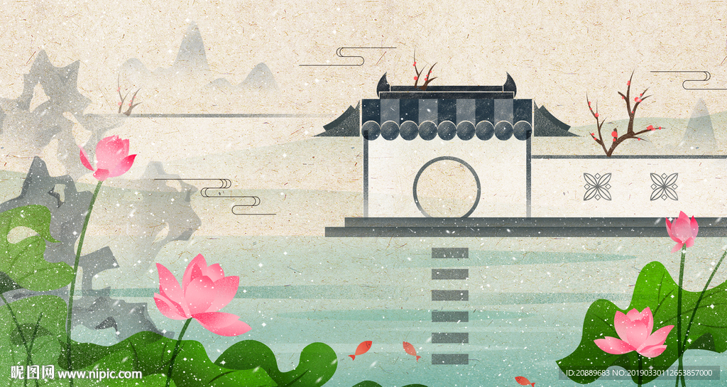 手绘 插画 中国风 复古 园林
