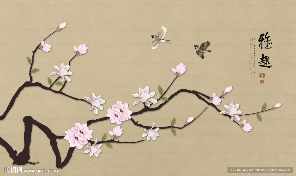 新中式手绘玉兰花鸟电视背景墙