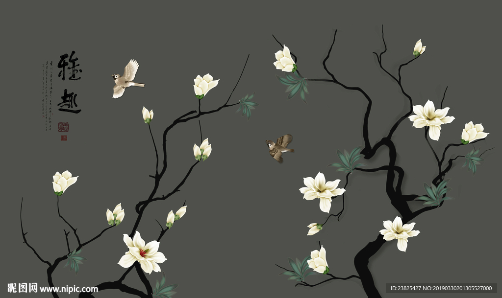 新中式手绘玉兰花鸟电视背景墙