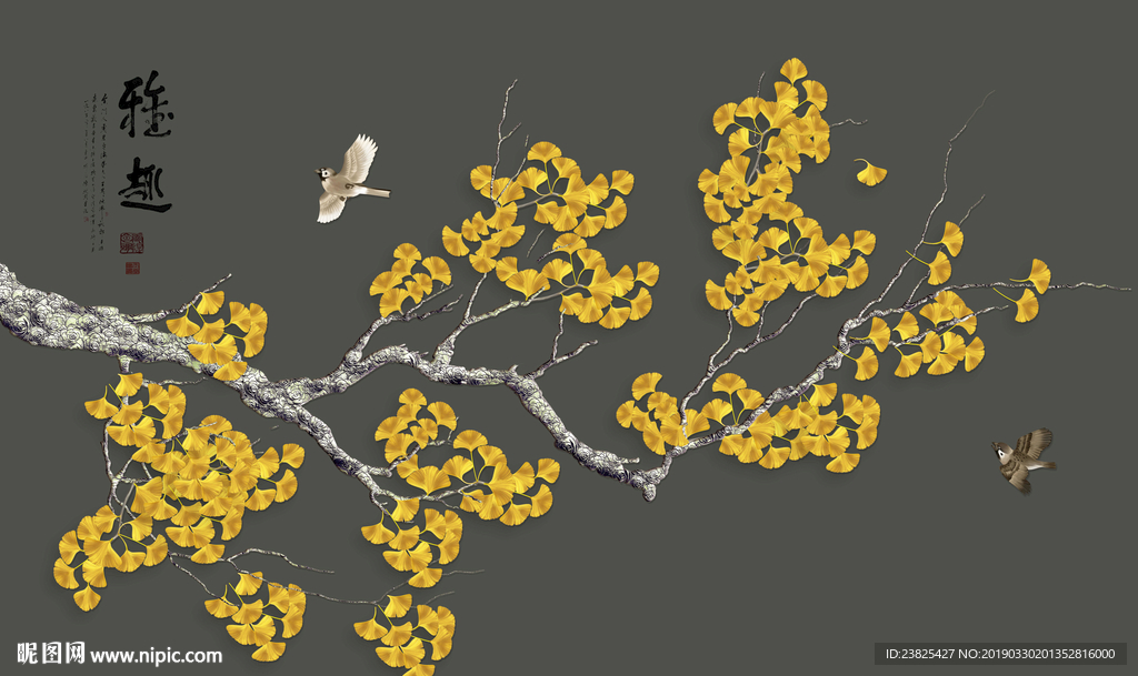 新中式手绘银杏树花鸟电视背景墙