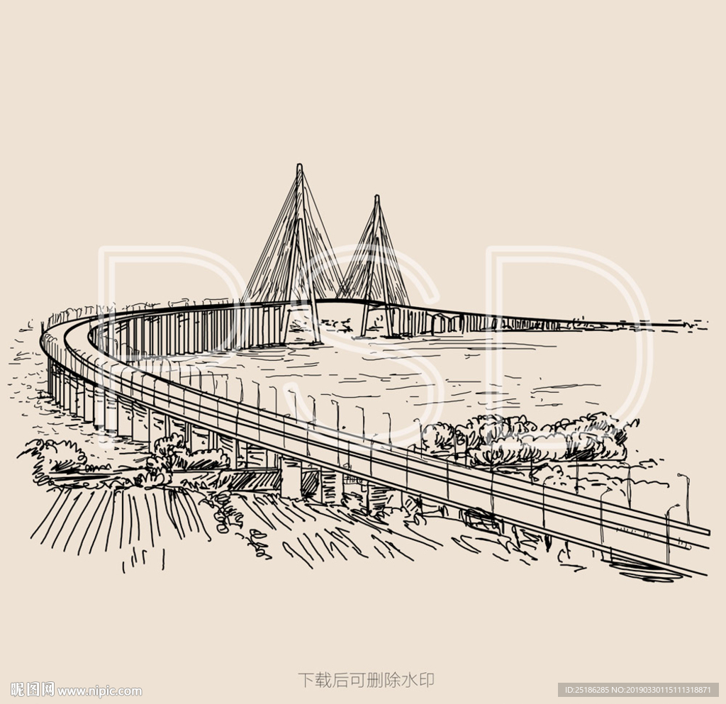 长江大桥素描图图片