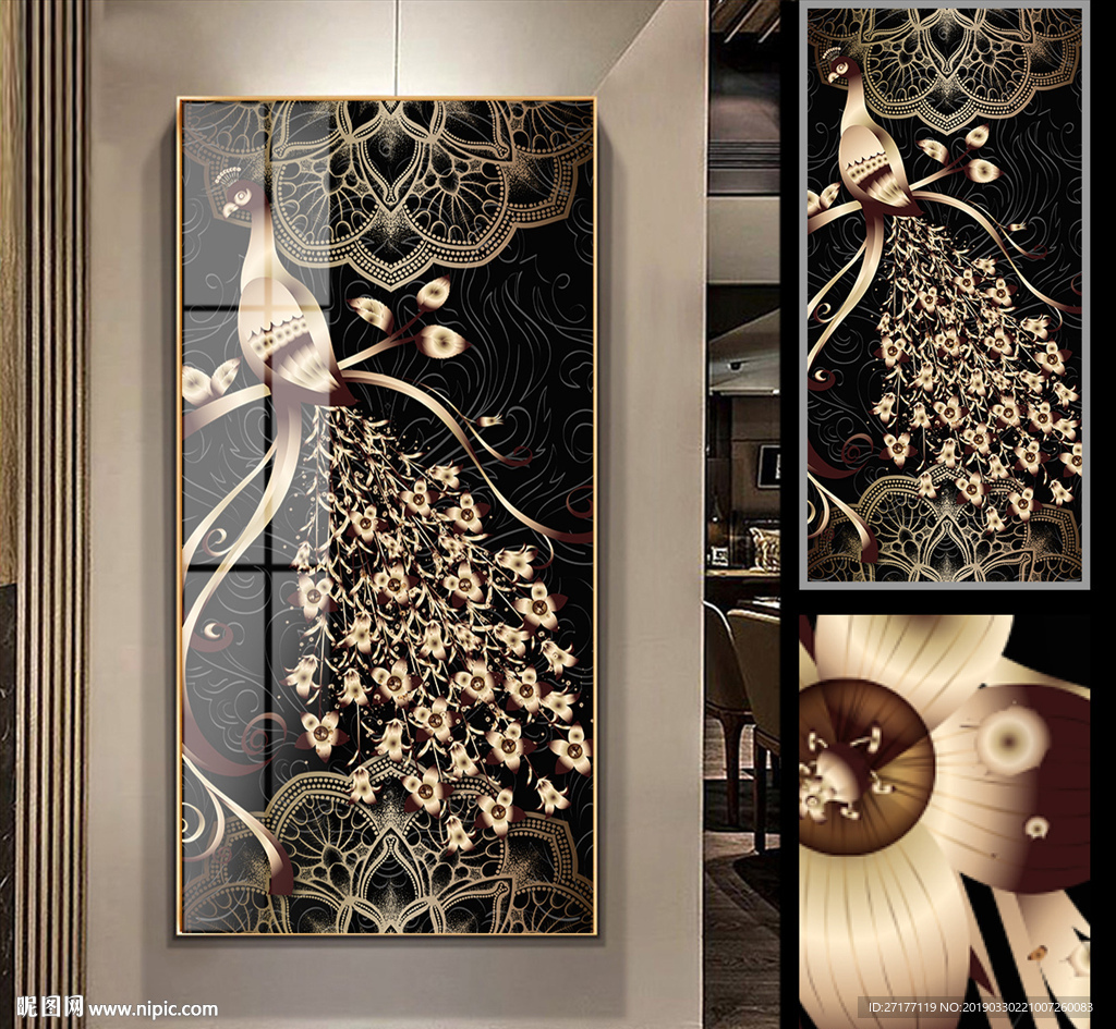 轻奢侈奢华金色孔雀晶瓷挂画