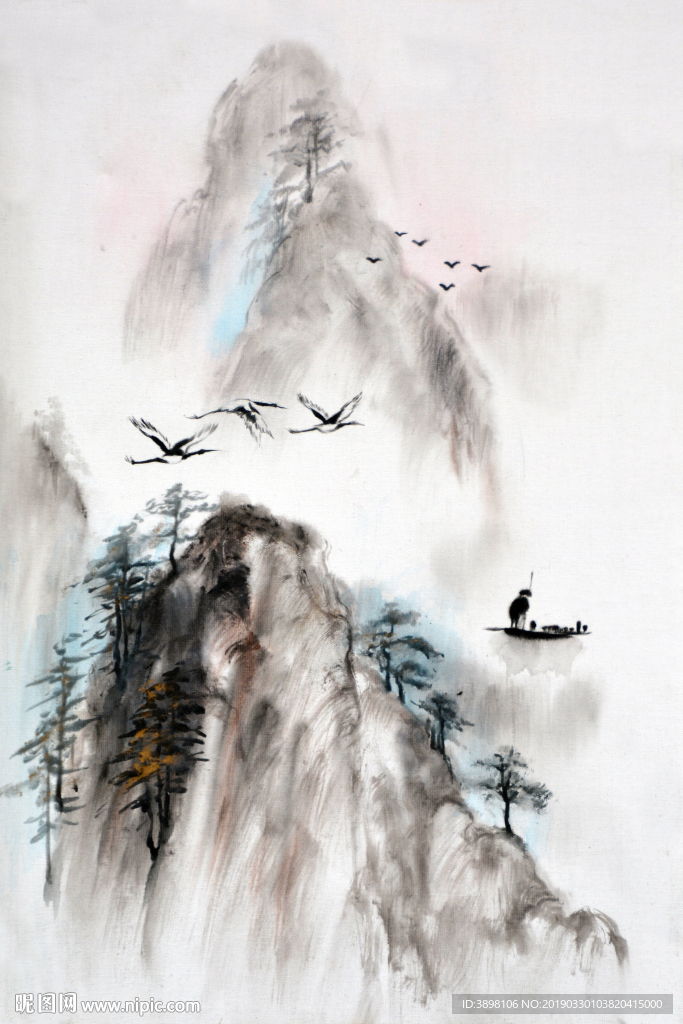 抽象山水仙境飞鸟玄关背景墙装饰