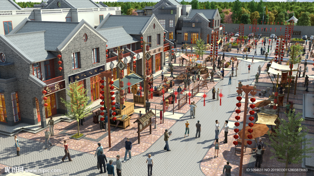 古建筑繁华商业街俯瞰图