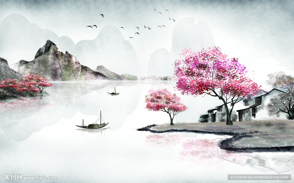 创意中式山水玄关屏风电视背景墙