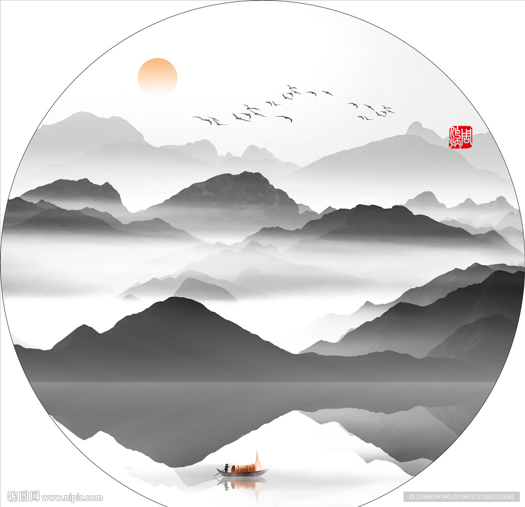 山水圆框画 大型山水装饰画