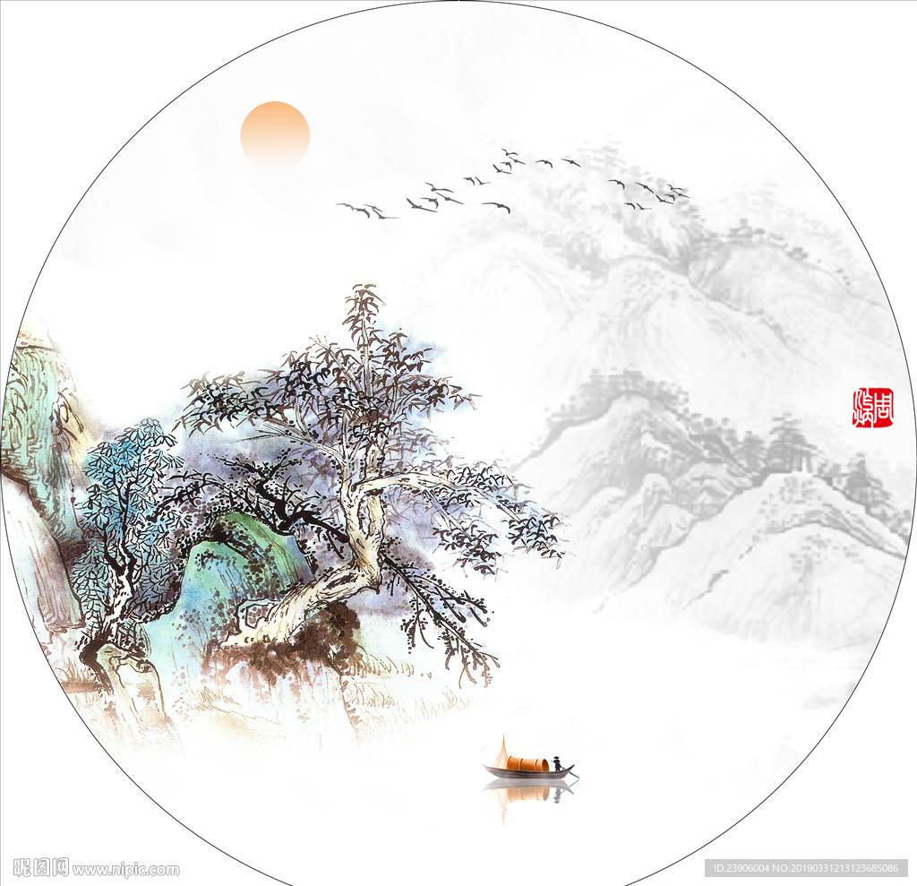山水小品 圆形山水装饰画